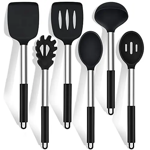 Produktbild: Küchenhelfer Set, HaWare 6 Stück Silikon Küchenutensilien Kochlöffel Set mit Edelstahlgriff, Antihaft Hitzebeständiger Kochutensilien Kochbesteck Set, Leicht zu Reinigen & Spülmaschinenfest - Schwarz