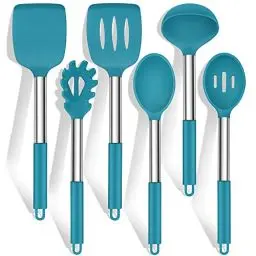Produktbild: Küchenhelfer Set, HaWare 6 Stück Silikon Küchenutensilien Kochlöffel Set mit Edelstahlgriff, Antihaft Hitzebeständiger Kochutensilien Kochbesteck Set, Leicht zu Reinigen & Spülmaschinenfest - Blau
