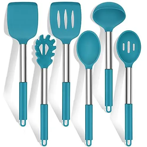 Produktbild: Küchenhelfer Set, HaWare 6 Stück Silikon Küchenutensilien Kochlöffel Set mit Edelstahlgriff, Antihaft Hitzebeständiger Kochutensilien Kochbesteck Set, Leicht zu Reinigen & Spülmaschinenfest - Blau