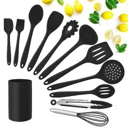 Produktbild: Herogo Küchenhelfer Set, 12 teiliges Silikon Kochgeschirr Küchenutensilien Set mit Utensilienhalter, Antihaft & Hitzebeständiger Küchenset, Schneebesen Pfannenwender Löffel, Spülmaschinenfest, Schwarz