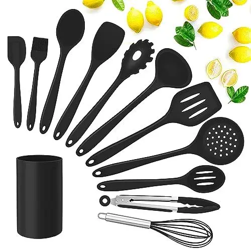Produktbild: Herogo Küchenhelfer Set, 12 teiliges Silikon Kochgeschirr Küchenutensilien Set mit Utensilienhalter, Antihaft & Hitzebeständiger Küchenset, Schneebesen Pfannenwender Löffel, Spülmaschinenfest, Schwarz