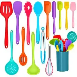 Produktbild: Küchenhelfer Set, Joyfair 15-teiliges Silikon Kochutensilien Kochbesteck Set, Hitzebeständiger Kochgeschirr mit Utensilienhalter, Antihaft Kochset Küchenutensilien, Spülmaschinenfest - Bunt