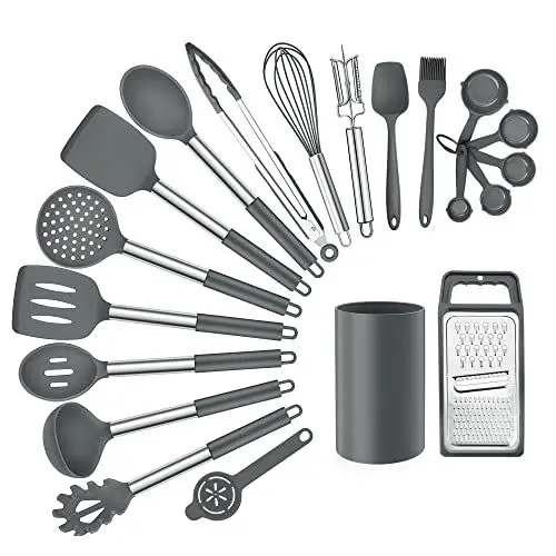 Produktbild: Küchenhelfer Set, Joyfair 20-teiliges Antihaft Silikon Küchenutensilien, Hitzebeständiger Kochgeschirr Set, Küchenzubehör Set mit Utensilienhalter & Edelstahlgriff, Spülmaschinenfest (Grau)