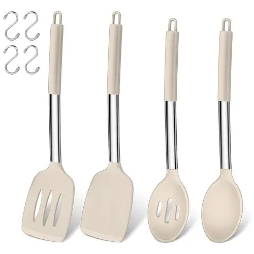 Produktbild: Küchenhelfer Set, Joyfair 4 Stück Silikon Pfannenwender und Kochlöffel Set, Hitzebeständig Küchenutensilien mit Edelstahlgriff, Kochbesteck für Kochen/Backen/Flip, Spülmaschinenfest - Khaki