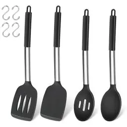 Produktbild: Küchenhelfer Set, Joyfair 4 Stück Silikon Pfannenwender und Kochlöffel Set, Hitzebeständig Küchenutensilien mit Edelstahlgriff, Kochbesteck für Kochen/Backen/Flip, Spülmaschinenfest - Schwarz