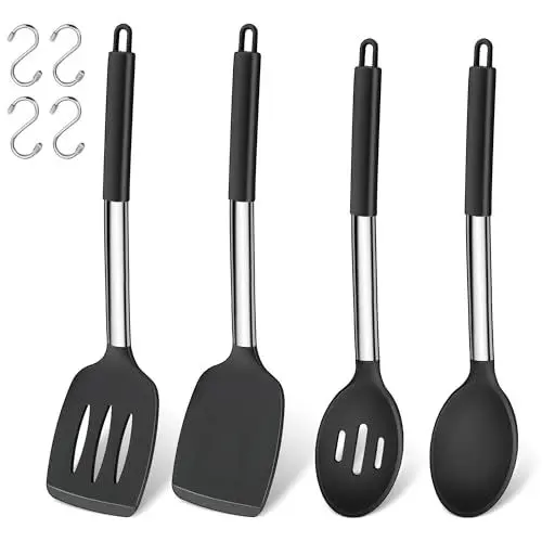 Produktbild: Küchenhelfer Set, Joyfair 4 Stück Silikon Pfannenwender und Kochlöffel Set, Hitzebeständig Küchenutensilien mit Edelstahlgriff, Kochbesteck für Kochen/Backen/Flip, Spülmaschinenfest - Schwarz