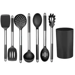 Produktbild: Küchenhelfer Set, Joyfair 8-teiliges Silikon Küchenutensilien mit Edelstahlgriff, Antihaft Hitzebeständiger Kochgeschirr Kochbesteck Set mit Utensilienhalter, Gesund & Langlebig - Schwarz