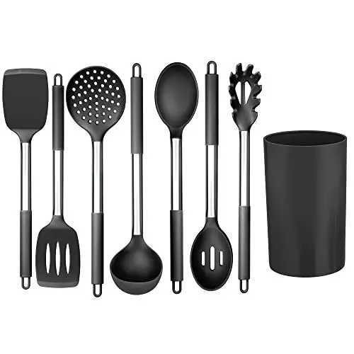 Produktbild: Küchenhelfer Set, Joyfair 8-teiliges Silikon Küchenutensilien mit Edelstahlgriff, Antihaft Hitzebeständiger Kochgeschirr Kochbesteck Set mit Utensilienhalter, Gesund & Langlebig - Schwarz