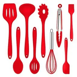 Produktbild: Küchenhelfer Set, Joyfair 9 Stück Silikon Küchenutensilien, Hitzebeständiges Kochutensilien Kochgeschirr Set mit Pfannenwender Schneebesen Grillzange, Antihaft Kochbesteck Set zum Kochen & Backen-Rot