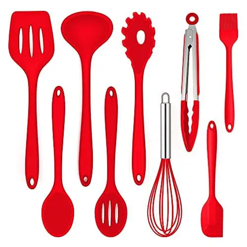 Produktbild: Küchenhelfer Set, Joyfair 9 Stück Silikon Küchenutensilien, Hitzebeständiges Kochutensilien Kochgeschirr Set mit Pfannenwender Schneebesen Grillzange, Antihaft Kochbesteck Set zum Kochen & Backen-Rot