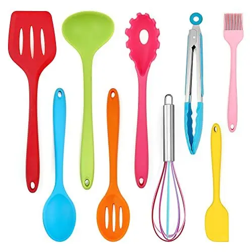Produktbild: Küchenhelfer Set, Joyfair 9 Stück Silikon Küchenutensilien, Hitzebeständiges Kochutensilien Kochgeschirr Set mit Pfannenwender Schneebesen Grillzange, Antihaft Kochbesteck Set zum Kochen & Backen-Blau