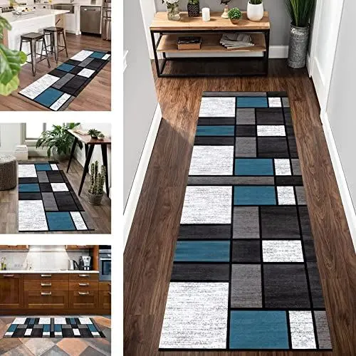 Produktbild: Küchenläufer, Teppich, Flur, rutschfest, für den Flur, waschbar, Dunkelgrau, Blau, Weiß, 60 x 140 cm, Moderne Geometrie, Läufer, Teppiche, Flur, Küche, Schlafzimmer, Wohnzimmer, Meterware, B