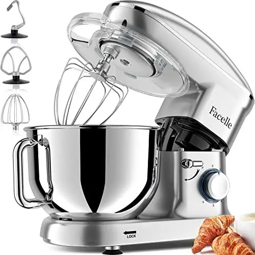 Produktbild: Küchenmaschine, Facelle Knetmaschine 1500W, Teigmaschine Rührmaschine mit 6,2 L Edelstahl Schüssel 6 Geschwindigkeiten Geräuscharme Teigknetmaschine inkl Rührbesen, Knethaken, Schläger(Silber)