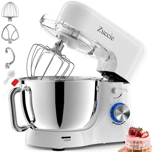 Produktbild: Küchenmaschine, Zuccie Knetmaschine Leise Rührmaschine inkl 5L Edelstahlschüssel 3-Rührwerkzeuge Spritzschutz Teigschaber und Eiertrenner, 8+P Geschwindigkeit Teigmaschine(Weiß)