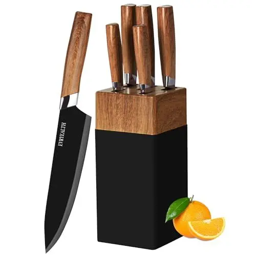 Produktbild: Küchenmesser Set – 5-teiliges Messerset mit Block, Holzmaserungsgriff, Edelstahlmesser mit Kochmesser, Brot,Allzweckmesser, Schälmesser zum Schneiden von Fleisch/Gemüse/Obst.…