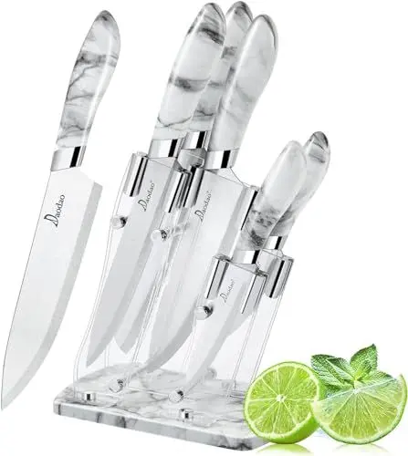 Produktbild: Küchenmesser-Set aus Acryl – 5-teiliges Messerset, transparente Messerbasis und Edelstahlklinge, für Schälmesser, Allzweckmesser, Tranchiermesser, Brotmesser und Küchenmesser (Marmormuster)