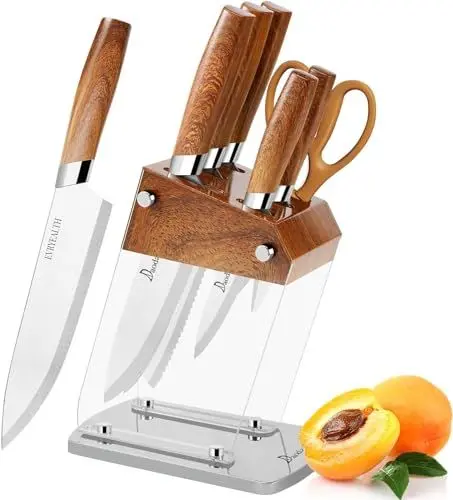 Produktbild: Küchenmesser-Set aus Acryl – 6-teiliges Messerset, transparente Messerbasis und Edelstahlklinge, für Scheren, Gemüsemesser, Allzweckmesser, Tranchiermesser, Brotmesser und Küchenmesser (Holzmaserung)