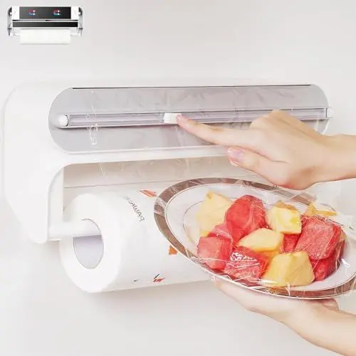 Produktbild: Küchenrollenhalterung mit Küchenrollenhalter, 2 in 1 Frischhaltefolienspender mit Cutter, Alufolienspender und Frischhalte, Küchenrollenhalter Ohne Bohren, Folienschneider, Wandrollenhalter Küche