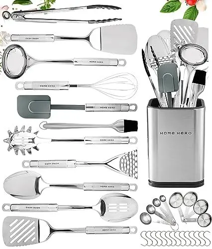 Produktbild: Küchenutensilien Set Kochset - Antihaft Hitzebeständiger Küchenhelfer Set - Pfannenwender Kochlöffel set - Küchen Gadgets (32-tlg Edelstahl Set)