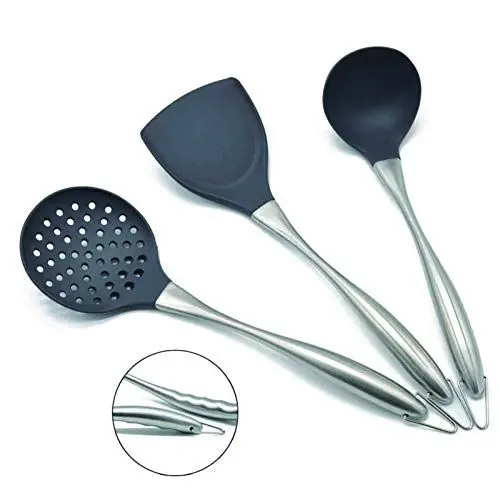 Produktbild: Küchenutensilien-Set aus Silikon, Edelstahl, mit flexiblem Silikonkopf, inklusive Wok-Pfannenwender, Löffel, Schlitzlöffel (grau)