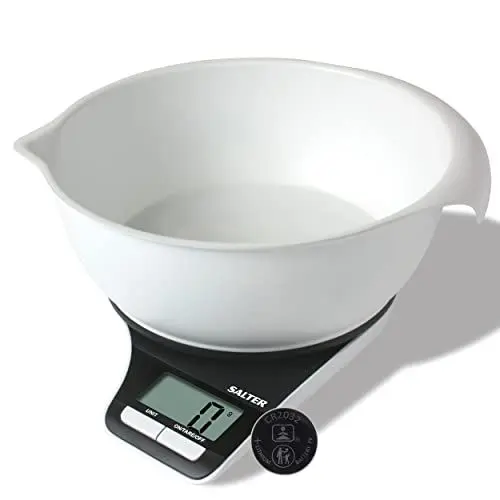Produktbild: Salter 1089 BKWHDA Digital Kitchen Scale - Elektronische Lebensmittelwaage, präzise Backwaage mit 5kg Fassungsvermögen, 1,25L spülmaschinenfeste Rührschüssel, Flüssigkeitsmessung, Tara-Funktion, weiß