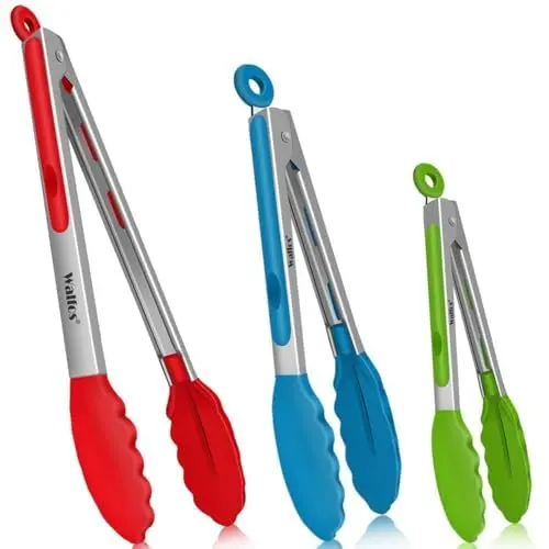 Produktbild: Küchenzange, Walfos® Hitzebeständige Grillzange, Premium Edelstahl- und BPA-freie Silikonspitzen, 3er-Set (18cm, 23cm, 30.5cm), für Salat, Kochzange, Grillzange(Red, Blue,Green)