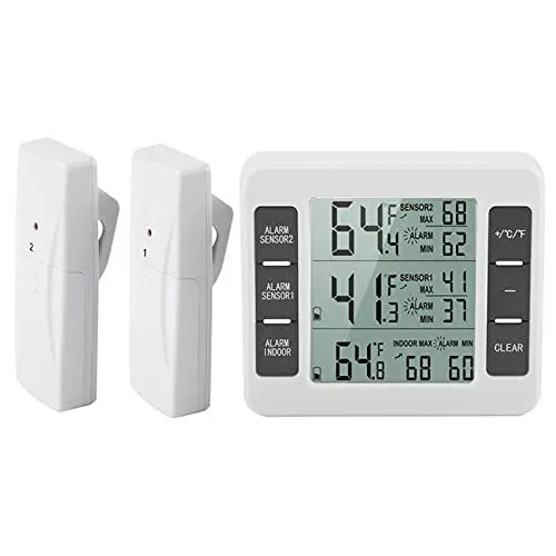 Produktbild: Kühlschrank Thermometer, Digitales Gefrier Thermometer Funkthermometer mit 2 Sensoren und Akustischem Alarm, Refrigerator Gefrierschrank Innen Außen Thermometer, für Küche Hause Wohnmobil