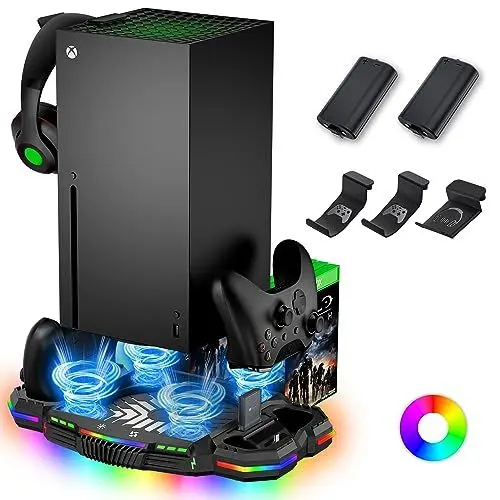 Produktbild: Kühlständer mit Controller-Ladestation für Xbox Series X, ZAONOOL Dual-Ladestation und Lüfter für Konsolenzubehör mit 12 RGB-Leuchten, 2 wiederaufladbaren Akkus, 3 Haken und USB-Anschluss