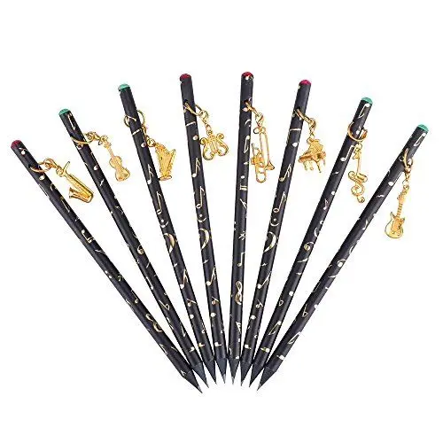 Produktbild: Künstler Bleistift Musik Note vorgespitzt Bleistifte Kohle Bleistift mit Diamant Top & schöne Musikinstrumente vergoldet Anhänger (8 Pcs)