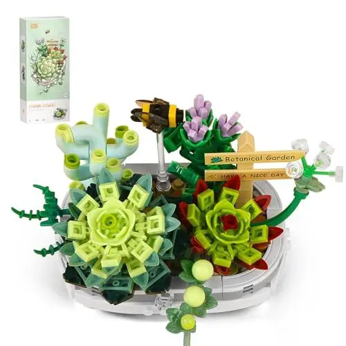 Produktbild: Künstlich Blumen Bausteine Set, Fake Blumen Blumenstrauß Deko, Botanical Bricks für Kinder Erwachsener, DIY Duplo Steine Geschenke Ziegelblumen für Home Büro (Sukkulenten)