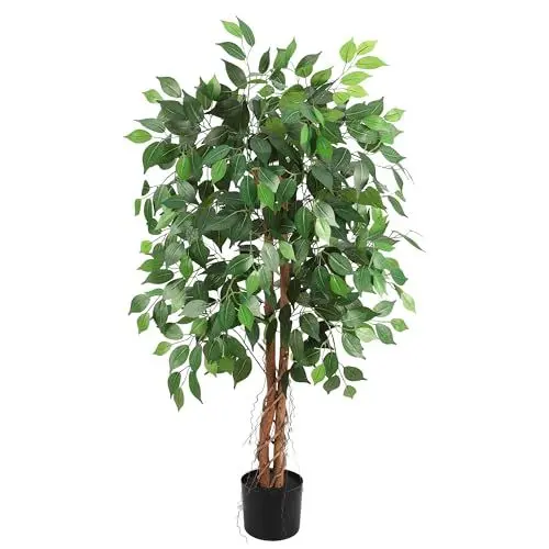 Produktbild: KüNstliche Pflanzen Ficus 122cm, KüNstliche Pflanzen Groß KüNstlicher Ficus Im Topf Kunstbaum Wie Echt Mit NatüRlichem Holzstamm& Naturgetreue BläTter für Wohnzimmer Schlafzimmer BüRo Deco
