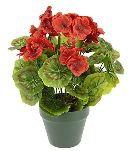Produktbild: Künstliche Geranie im Topf Geranienbusch Pelargonien Beetpflanze Balkonblume Seidenblumen Kunstpflanze Tischdeko Dekoblumen Dekopflanze Zimmerpflanze Topfblume Kunstblumen, 090128R, Rot, 28x22x22 cm