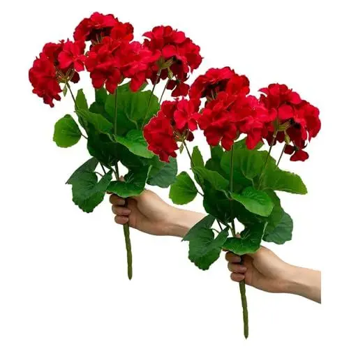 Produktbild: Künstliche Geranien für Den Außenbereich, 2 Stück, Künstliche Seidenblumen, Kunstblumen, Geranien für Florale Heimdekoration, Draußen, Drinnen, Garten, Terrasse, Grab, Friedhof, Vase,(Rot)