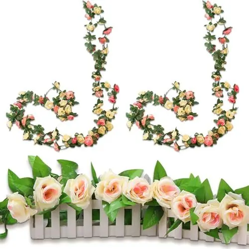 Produktbild: Künstliche Girlande, 3 Stück Kunstblumen Pfingstrosen Künstlich Blumen Déco mit Grünen Blättern 2.4m Hängend Wie Echt Seidenblumen für Tür Heimdekoration Hochzeit Party