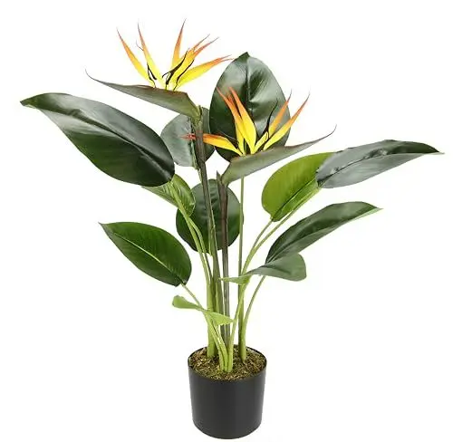 Produktbild: Künstliche Pflanze Strelitzie im Topf Papageienblume mit Blüte Blühende Kunstpflanze Blumen Kunstblumen Kübelpflanze Seidenblumen Kunstblume exotische blühende Zimmerpflanze Geschenk Büropflanze