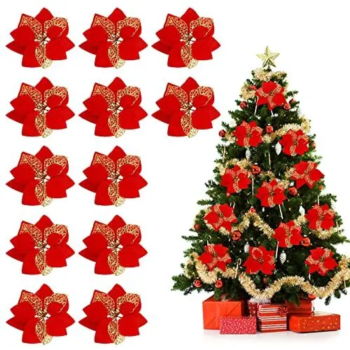 Produktbild: Künstliche Weihnachtssterne mit Glitzer, Weihnachtsbaumschmuck, Weihnachtsstern, Weihnachtskranz, Hochzeitsdekorationen, 12 Stück
