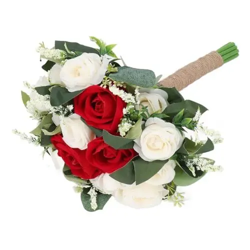 Produktbild: Künstlicher Blumenstrauß, Romantischer Handstrauß für Hochzeit, Feier, Jubiläum mit Lebensechten Blumen, Vielseitige Hochzeits-Party-Dekoration (Rot)