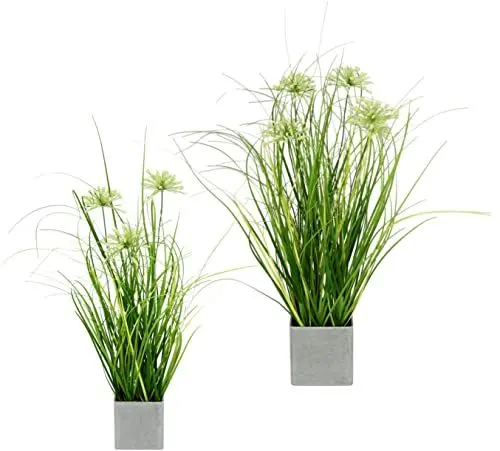 Produktbild: Künstlicher Grasbusch mit Blüten im Topf 2er Set Kunstgras Dekogras Gräser Kunstpflanze Grünpflanze Pflanze Ziergras Stehgras Sträucher Kunstblume Balkon Busch Grasbüschel Zimmerpflanze Lauchpflanze