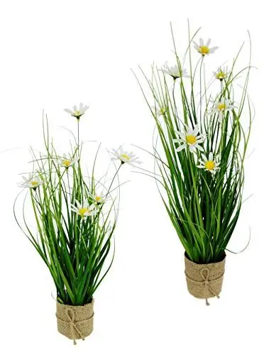 Produktbild: Künstlicher Grasbusch mit Margeriten im Jute-Topf Blumen Blüten Gras Bund stehend Stehgras Grasbündel Kunstpflanze Dekogras Kunstgras Pflanze Ziergras Grasbüschel Deko Grasarrangement Gräser künstlich