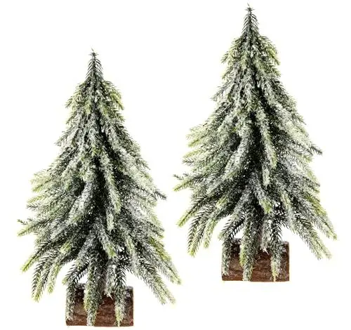 Produktbild: Künstlicher Mini Tannenbaum auf Holzfuß geeist Schnee beschneit Kunstschnee Christbaum Kunst Kunsttanne Kleiner Weihnachtsbaum Weihnachtsdeko 2er Set
