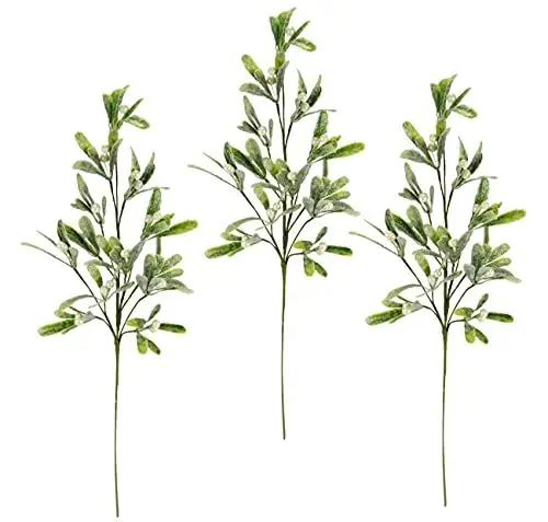 Produktbild: Künstlicher Mistelzweig mit Blätter und weißen Beeren gezuckert Dekozweig Beerenzweig Kunstblume Zweig Ast Äste Blumen Floristik Kunstzweig Stielblume Dekoration Deko für Girlande Kranz Weihnachtsdeko