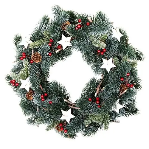 Produktbild: Künstlicher Tannenkranz mit Schnee Beeren und Tannenzapfen - 35 cm - Weihnachts Türkranz zum Aufhängen mit Dekoration - Weihnachtskranz Dekokranz Adventskranz Weihnachten Advent Schmuck