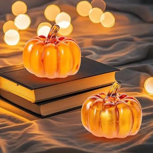 Produktbild: Kürbis Deko mit LED,Kürbis Licht Kürbisdekoration für Herbst/Winter Weihnachten,2 Stück Kürbis Herbst Deko Kürbis Laterne Kürbis Beleuchtet Herbst Tischdeko Schränke Requisiten