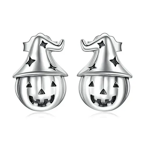 Produktbild: Kürbis Halloween Ohrringe für Damen - Qings Sterling Silber 925 Klein Hexe Hut Gespenst Skelett Ohrstecker Jahrgang Schwarz Tier Halloween-Schmuck Geschenke für Frauen Mädchen Mutter