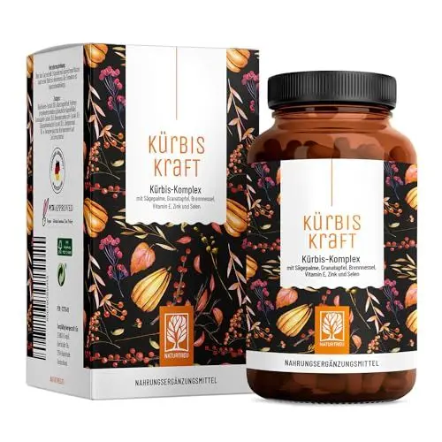 Produktbild: KÜRBISKRAFT Kürbiskern & Sägepalmenextrakt mit Granatapfel, Brennnessel, Vitamin E, Zink & Selen - Vegan von Naturtreu - 120 Kürbiskern-Kapseln hochdosiert