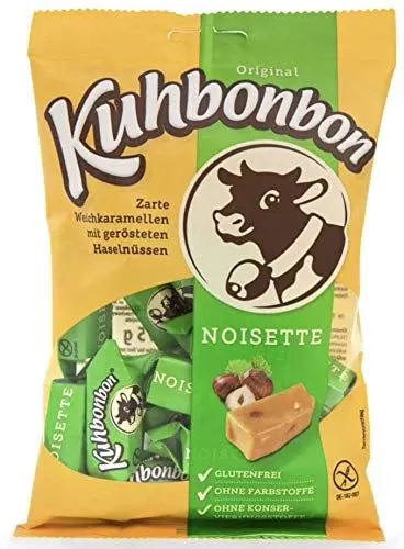 Produktbild: Kuhbonbon Noisette 175g – weiche Karamellbonbons aus süßem Karamell, zartschmelzende Toffee-Bonbons aus guter Butter, Milch und Haselnuss, glutenfrei, 175 gr