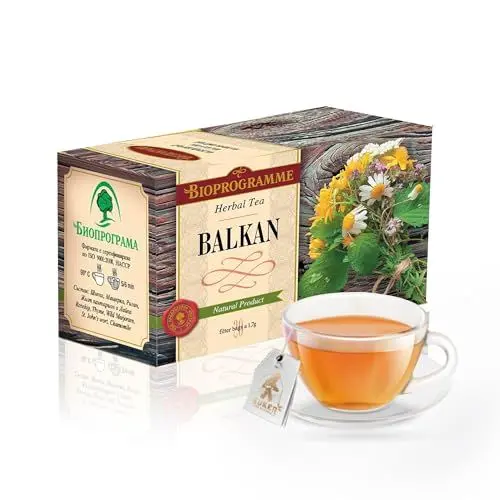 Produktbild: KUKER Balkan Tee Kräutermischung – Bio Tee mit Wild Thymian, Hagebutten, Kamille, Majoran – Premium Teebeutel, 20 Beutel 30g, Kräutertee & Kamillentee Mix