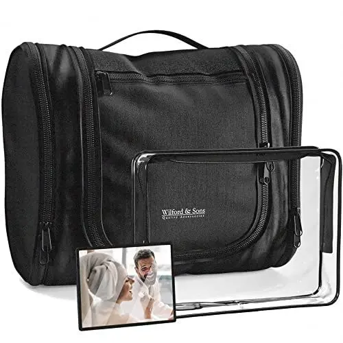 Produktbild: Kulturbeutel Kosmetiktasche zum Aufhängen mit transparenter Reise Tasche, Spiegel | XXL Kosmetik Kulturtasche Waschtasche Waschbeutel Kosmetikbeutel Beauty Case Groß Wasserdicht XL Damen Herren