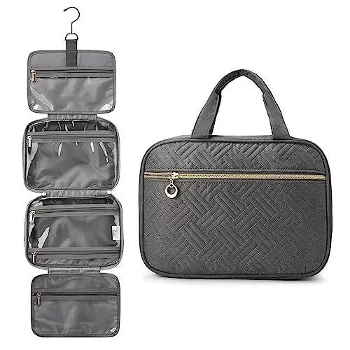 Produktbild: Kulturbeutel zum Aufhängen, LOVEVOOK Wasserdicht Kulturtasche Damen, Faltbare Kosmetiktasche mit 360° Drehbare Haken, Waschtasche für Reise Grau