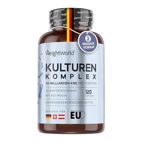 Produktbild: Kulturen Komplex mit 60 Mrd. KBE - 20 Bakterienstämme und Bio Inulin -120 vegane Kapseln - Bakterienkulturen mit Bifidobacterium, Lactobacillus Gasseri & Reuteri - 2 Monate Vorrat WeightWorld